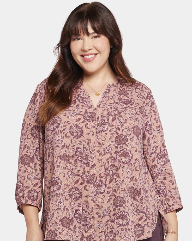Front of a model wearing a size 0X Pintuck Blouse in Viola Valley by NYDJ. | dia_product_style_image_id:239517
